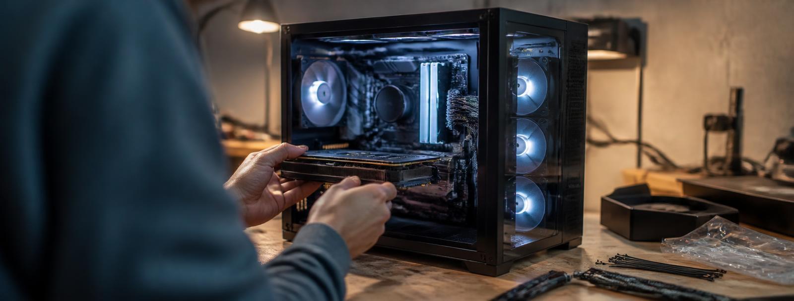 Custom gaming PC being built in a glass case with RGB lit cooling fans