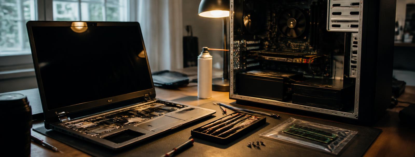 Laptop and desktop PC being repaired and upgraded side by side on a workshop bench