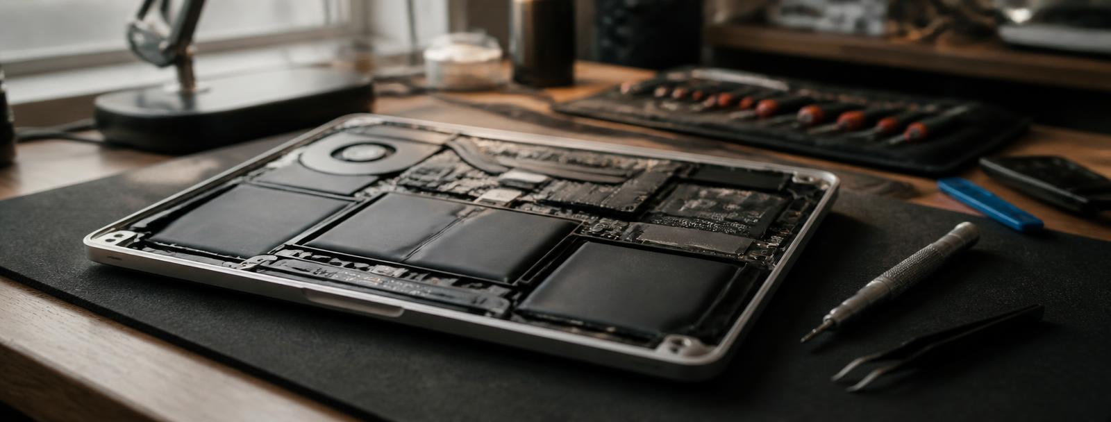 Technician carrying out board-level work on an opened MacBook logic board