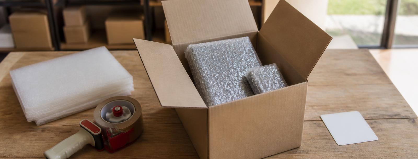 Laptop and phone packed securely in a box with a tracked shipping label for mail-in repair