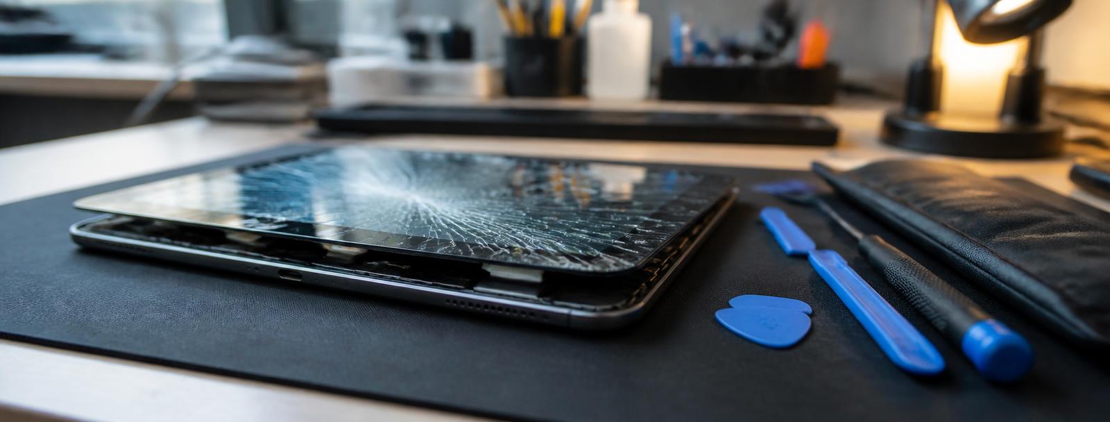 Technician lifting a cracked tablet screen with a repair tool