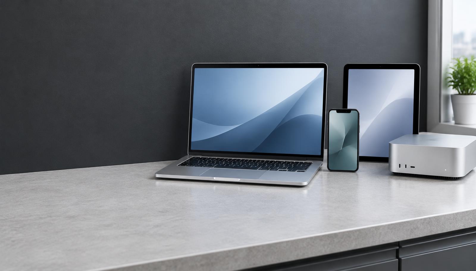 Laptop, smartphone, tablet and desktop computer on a workshop counter